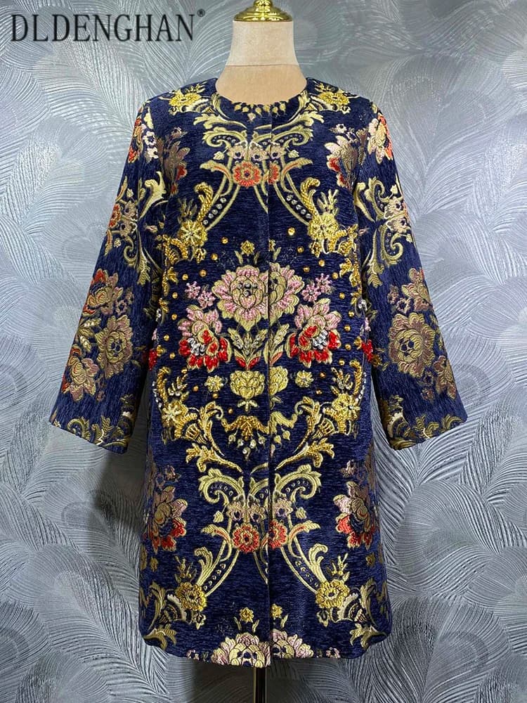 DLDENGHAN Diamanti Perline Cappotto Jacquard Per Le Donne O-Collo Maniche Lunghe Bottone Nascosto Indie Folk Tuta Sportiva Autunno Femminile