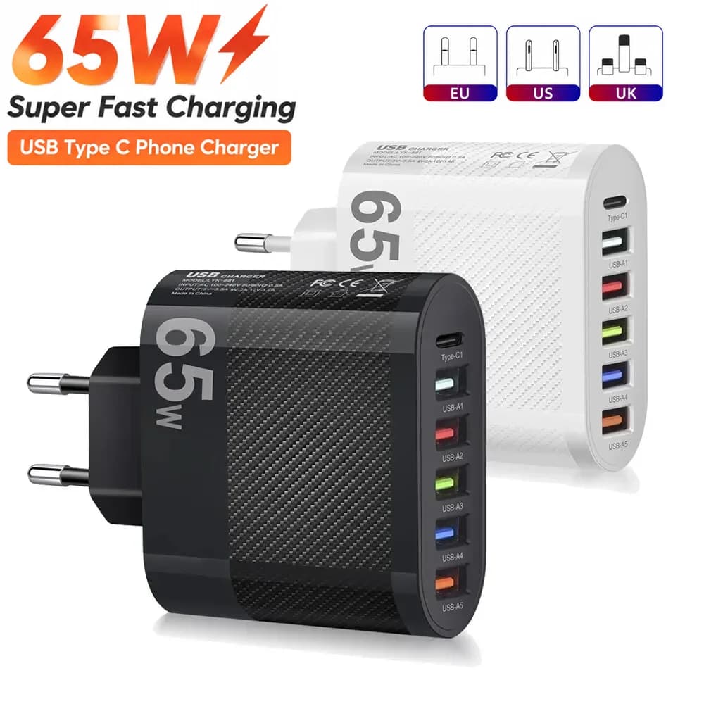 Total 65W 6 Ports USB Charger Fast Charger Phone Charger Adapter QC3.0 For Xiaomi iPhone 17 Samsung Wall Adapter EU/US/UK Plug