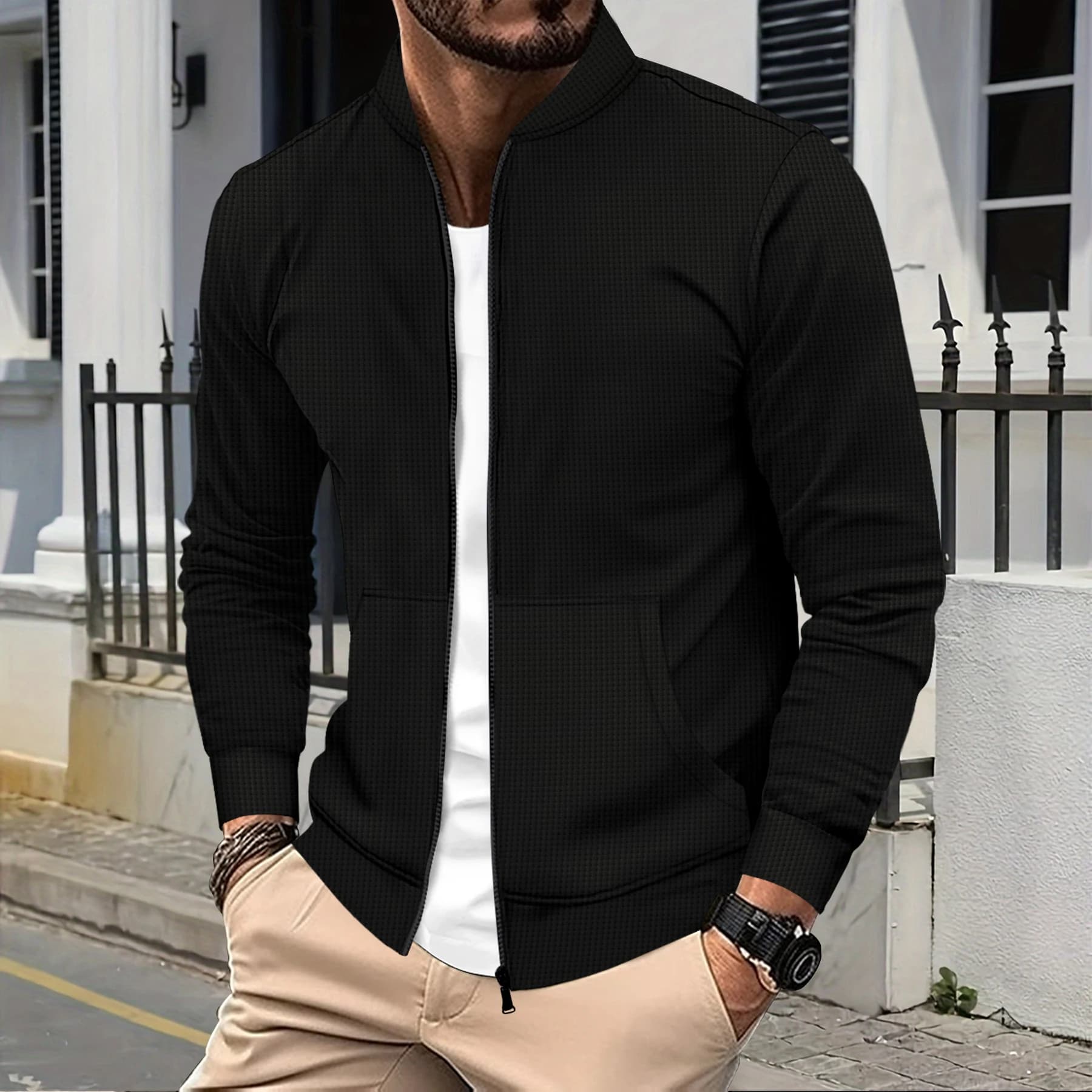 Men's Waffle Knit Bomber Jacket - Full Zip Up Casual Outerwear with Pockets Spring Fall