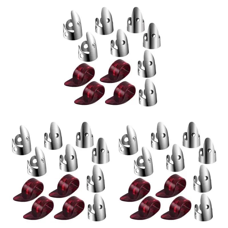 Set di plettri regolabili per dita e pollici, include 24 plettri per dita in acciaio inossidabile e 12 plettri per pollici in plastica per chitarra e banjo