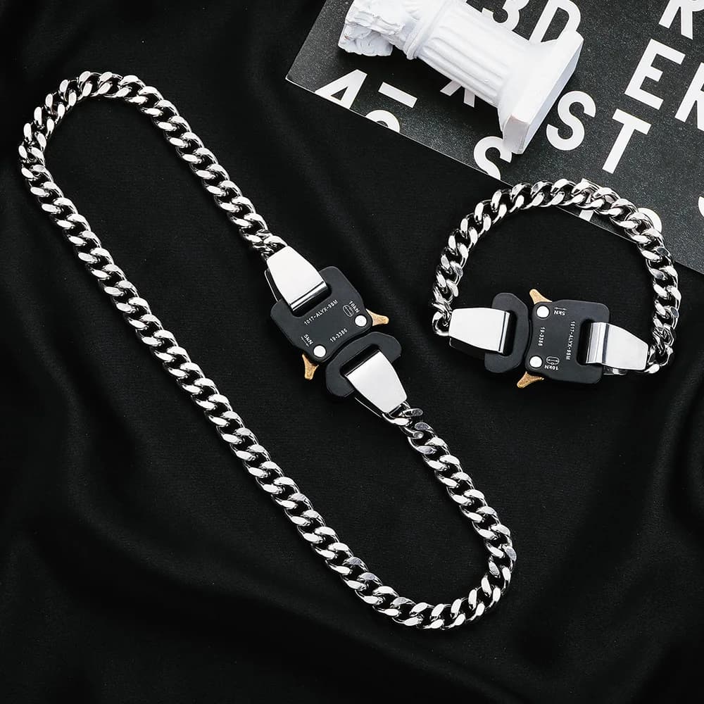 Collana e Bracciale Hip-hop con Fibbia Funzionale e Catena Spessa in Metallo, Accessori Personalizzati da Strada per Uomo e Donna, Idea Regalo
