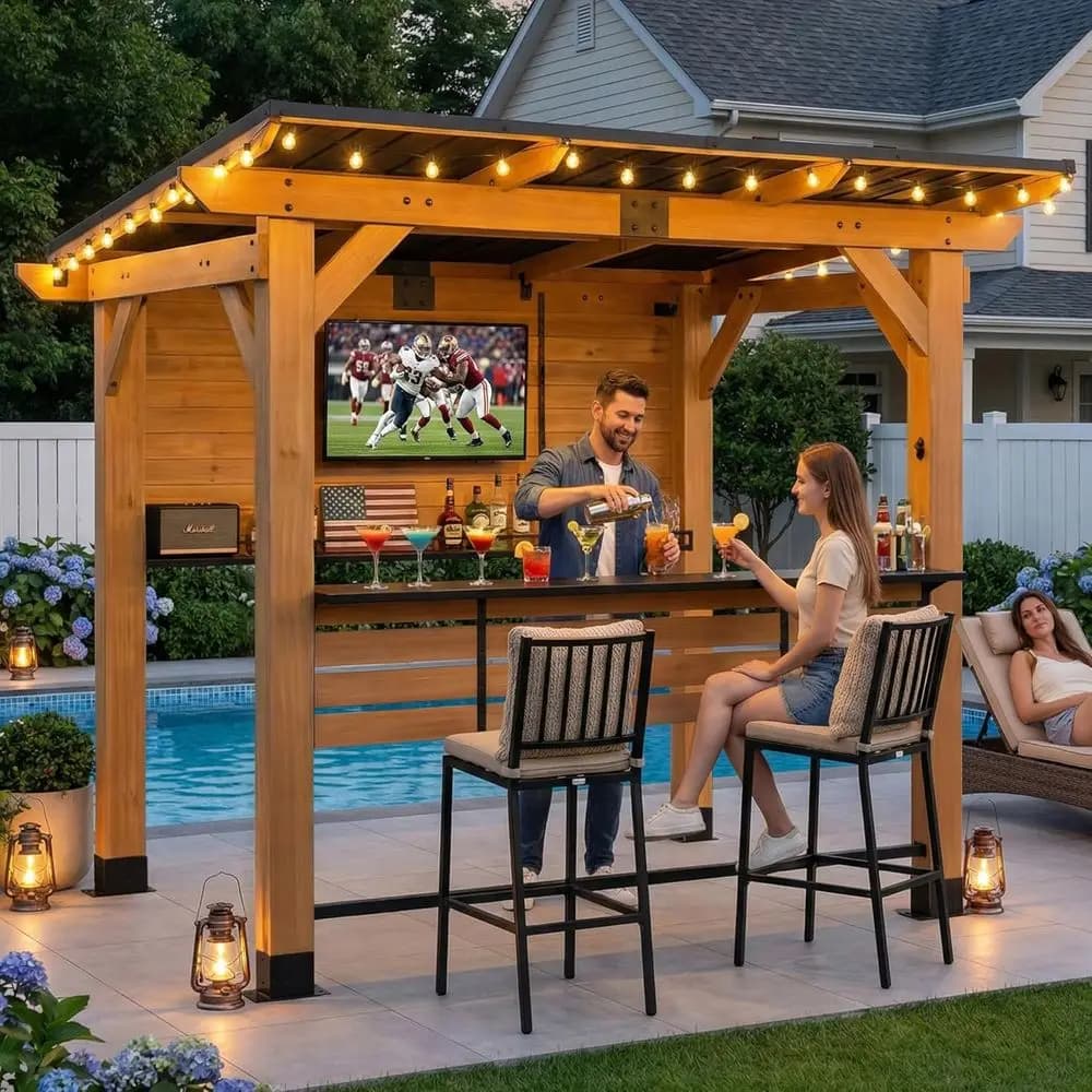 CeWood Entertainment Bar Center, Gazebo Bar in Legno 6 x 8 T con Supporto TV in Metallo, Bar per Servizio, Porta Rotoli di Carta e Apribottiglie