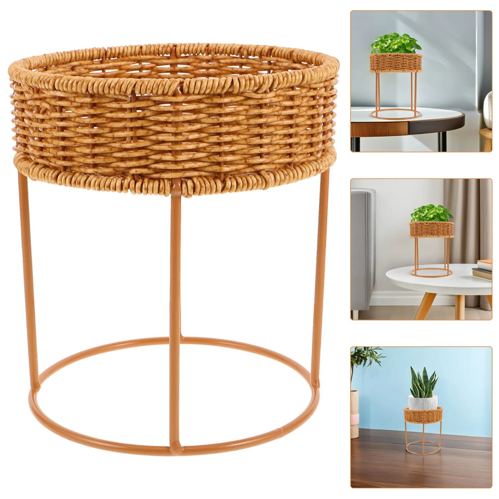 Natural Rattan Mini Plant Stand Small Desktop Flower Rack Woven Indoor Display Shelf for Potted Plants Home Office Decor Storage
