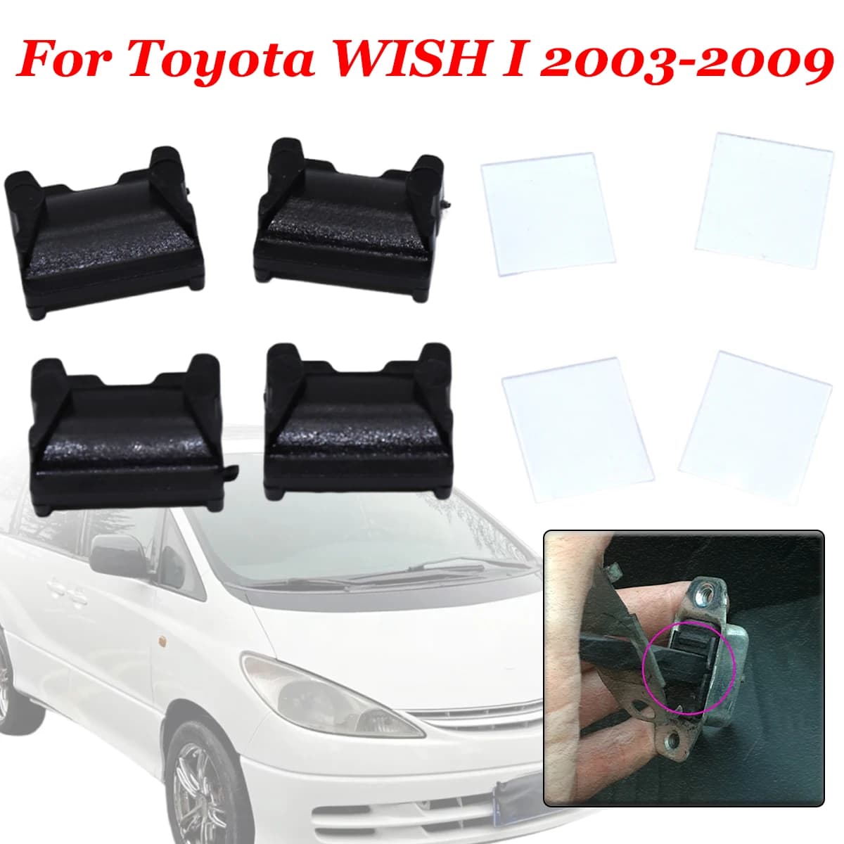 Kit 4 Pezzi per Toyota WISH I 2003-2009, Nuovo Kit di Riparazione Cerniera Porta con Fermo, Cinghia di Blocco, Clip per Molla Ammortizzante, Nero
