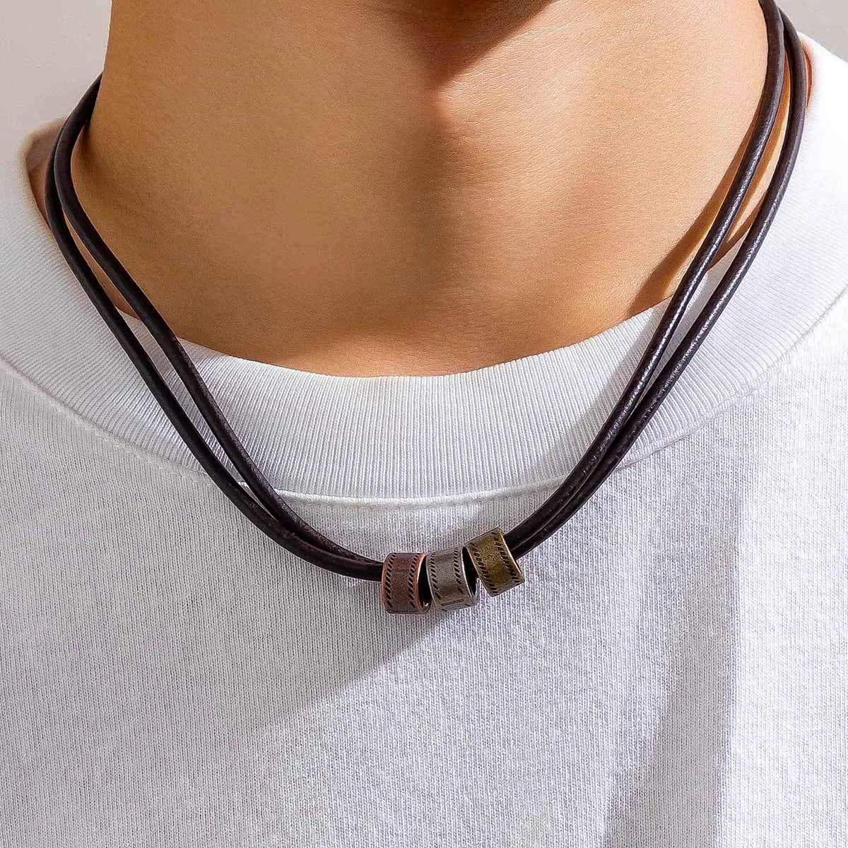 Collana vintage con nodo rotondo in pelle PU con perline di metallo per girocollo unisex con gioielli di moda semplici hip-hop da uomo