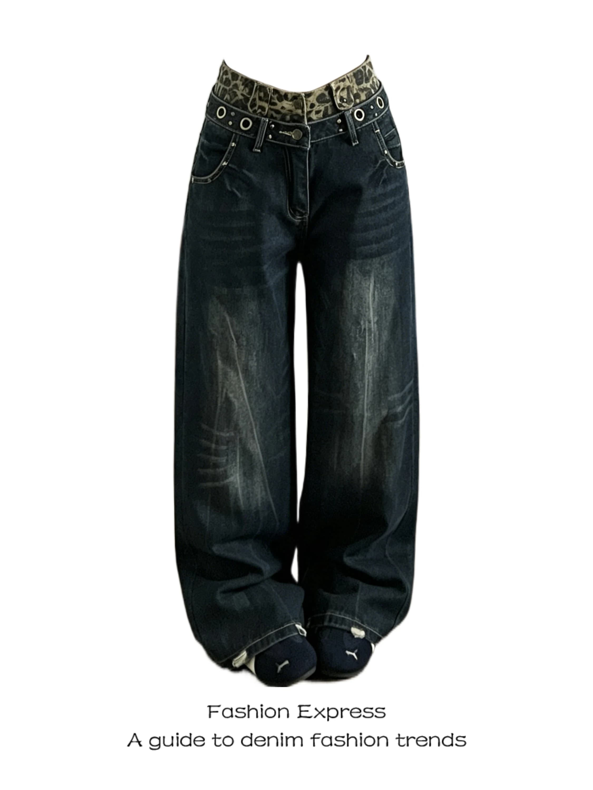 High Waist Wide Leg Loose Denim Jeans Women's 2026 Summer New Style Leopard Print Patchwork Retro Straight Leg Pants