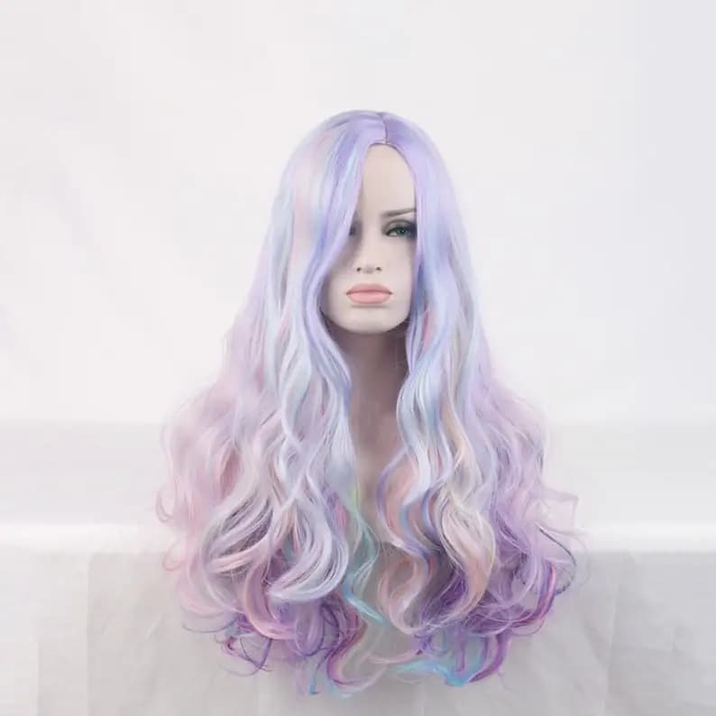 Vibrant Curly Wig with Long Hair in Pastel Rainbow Hues Synthetic Fiber High-Temperature Resistant Silk Center Parted Style
