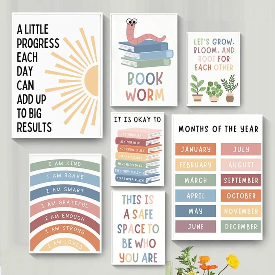 Warm Simple Letter Pattern Inspirational Education Poster Canvas Painting Wall Art School Kindergarten Room Classroom Decor Gift