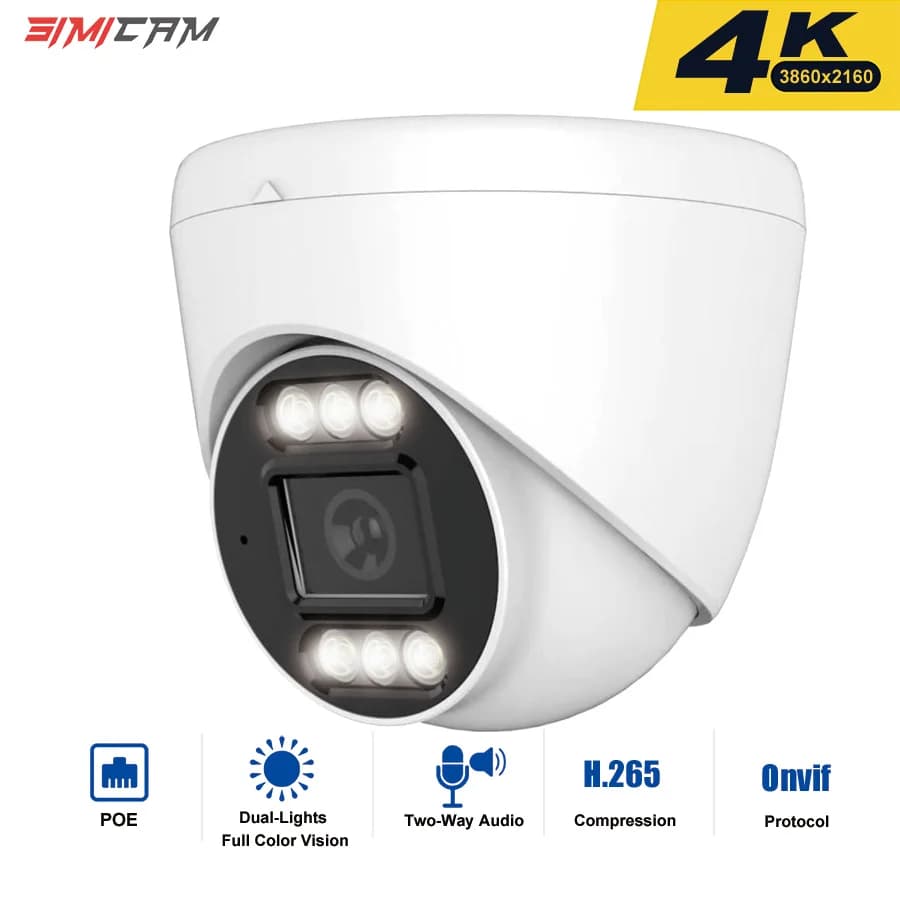 Telecamera di Sicurezza IP PoE 4K 8MP, Audio Bidirezionale, Visione Notturna a Doppia Luce, Onvif H.265