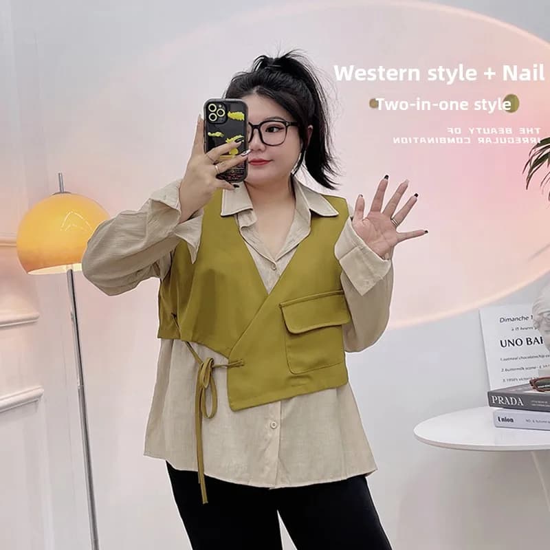 plus Size Collar Loose Women's Set Green Cabbage Pickle Jacket Outerwear Fashionable Autumn Outfit for plus Size Women