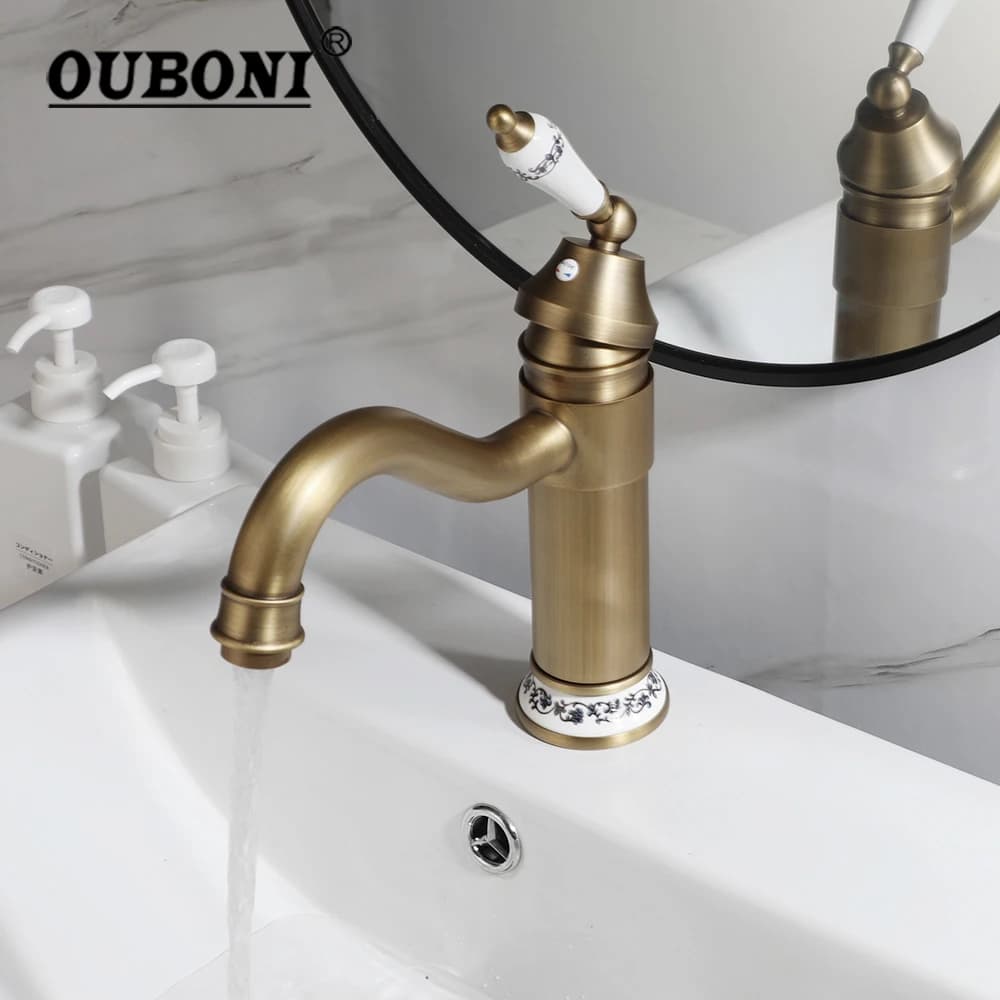 OUBONI Rubinetto per lavabo in ottone antico Piccoli rubinetti per lavabo in ottone massiccio Rubinetti miscelatori per acqua calda fredda montati su piano