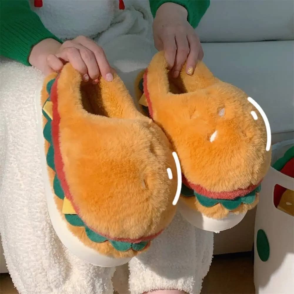 Pantofole calde invernali da donna Simpatico cartone animato Hamburger Scarpe con plateau da pavimento per la casa Suola spessa Morbida peluche Pantofola soffice per interni per ragazze