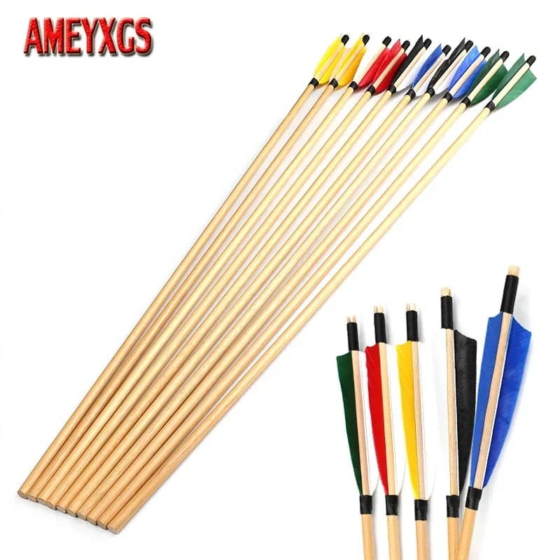 6/12 pezzi freccia in legno 31,5 pollici diametro esterno 8mm albero della freccia 5 "piuma di tacchino arco tradizionale ricurvo tiro con l'arco allenamento caccia frecce di legno