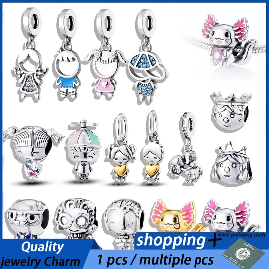 Ciondoli a forma di cartone animato compatibili con braccialetti europei, perline a forma di famiglia di axolotl e bambole, adatte per la creazione di gioielli fai da te, accessori per moglie/ammante.