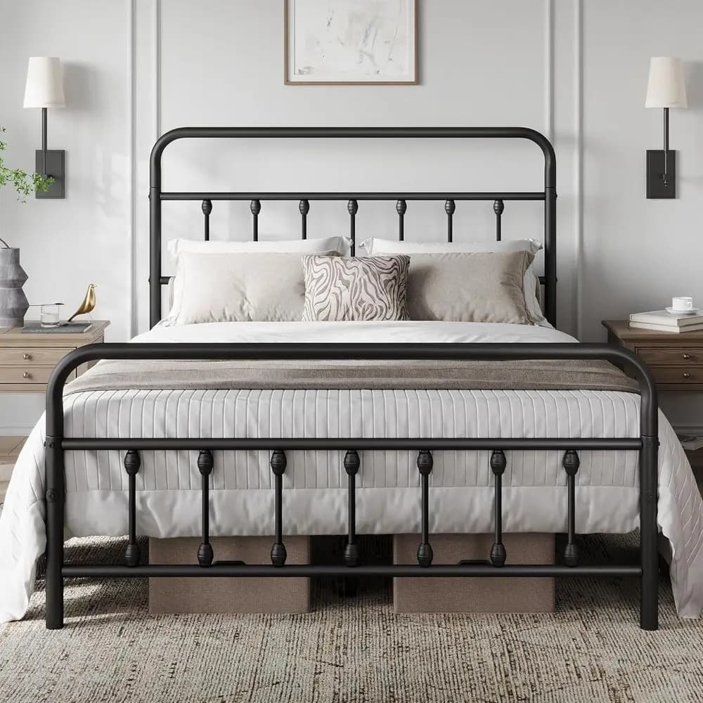Letto classico in metallo con base a piattaforma e fondo letto in ferro battuto stile Ian, contenitore sotto il letto, non necessita di rete a molle, misura Full Size