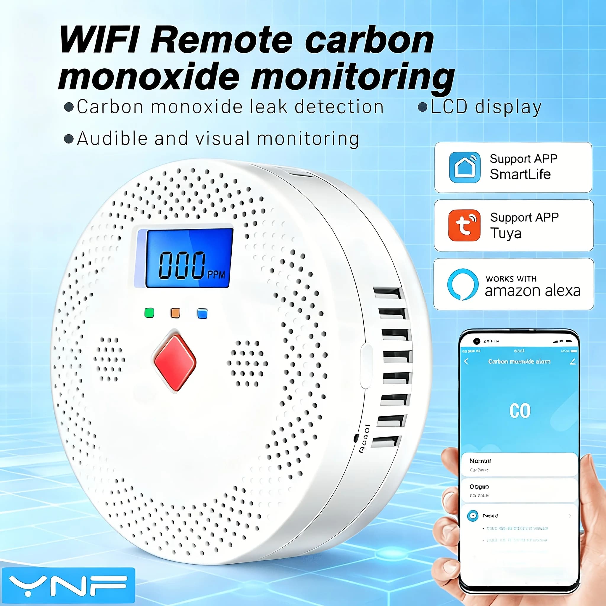 Rilevatore di monossido di carbonio con display digitale, alimentato a batteria, monitoraggio 24 ore su 24, pulsante di test, installazione facile per la sicurezza domestica