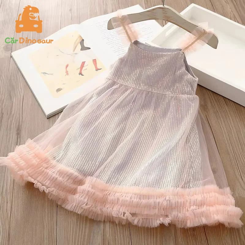 2025 Nuova Estate 2 3 4 Anni 90 100 110 cm Principessa Carro Armato Partito Backless Maglia Bretelle Canotta Slip Bambini Neonata Glitter Dress