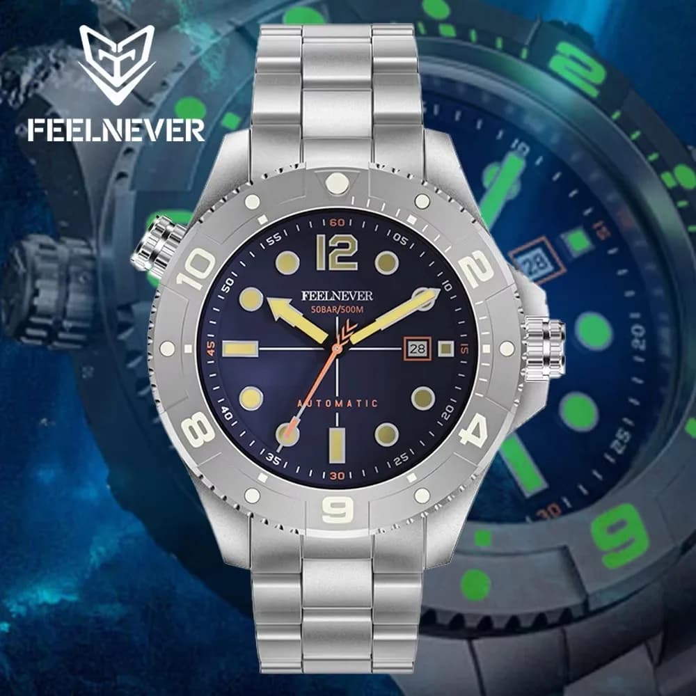 New Fashion FeelNever Casual sport men's mechanical watches Top Brand steel strap 500M waterproof sapphire crystal men's watch