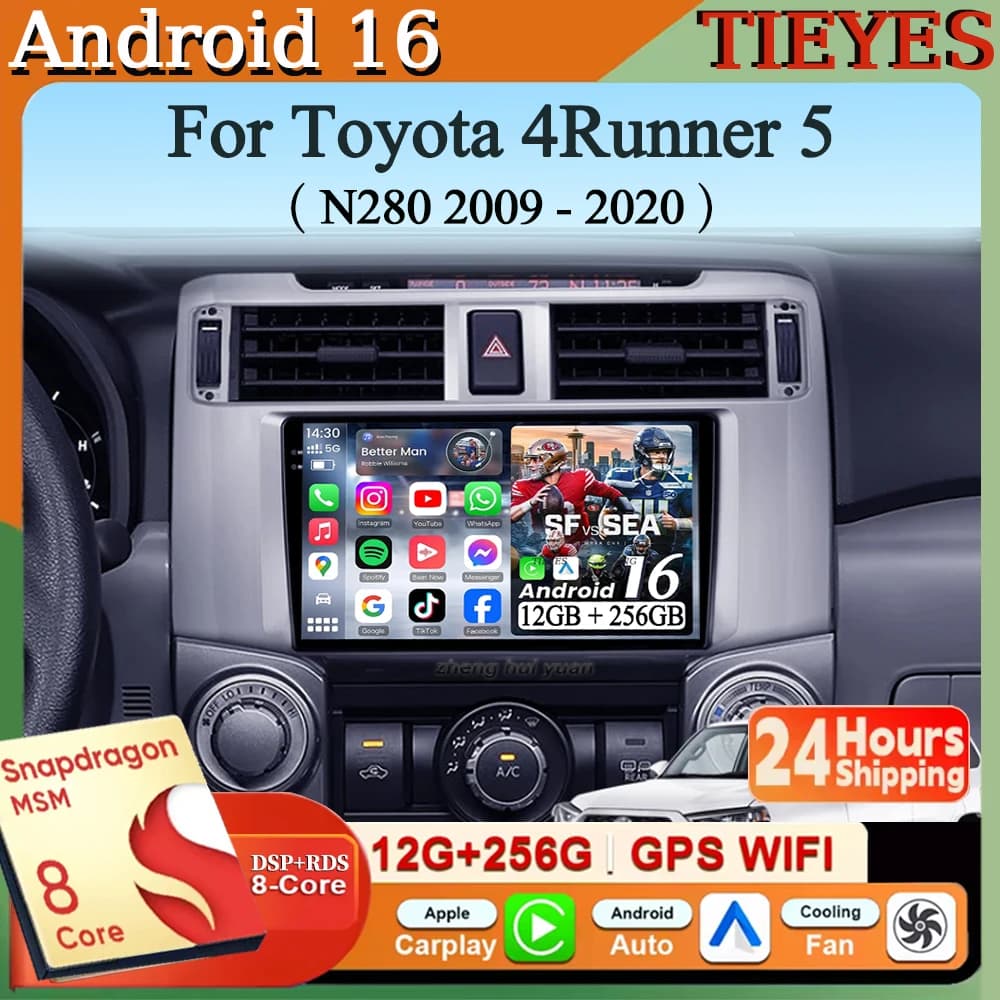 Autoradio Android 16 con Carplay e Auto, Navigatore Multimediale Stereo QLED GPS per Toyota 4Runner 5 N280 2009 - 2020