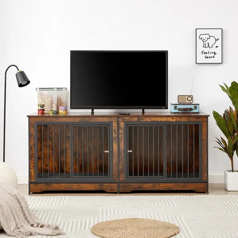 Mobili per casse per cani di grandi dimensioni per 2 cani con vassoio, supporto TV marrone rustico, 75" L x 26,4" P x 32,3" A