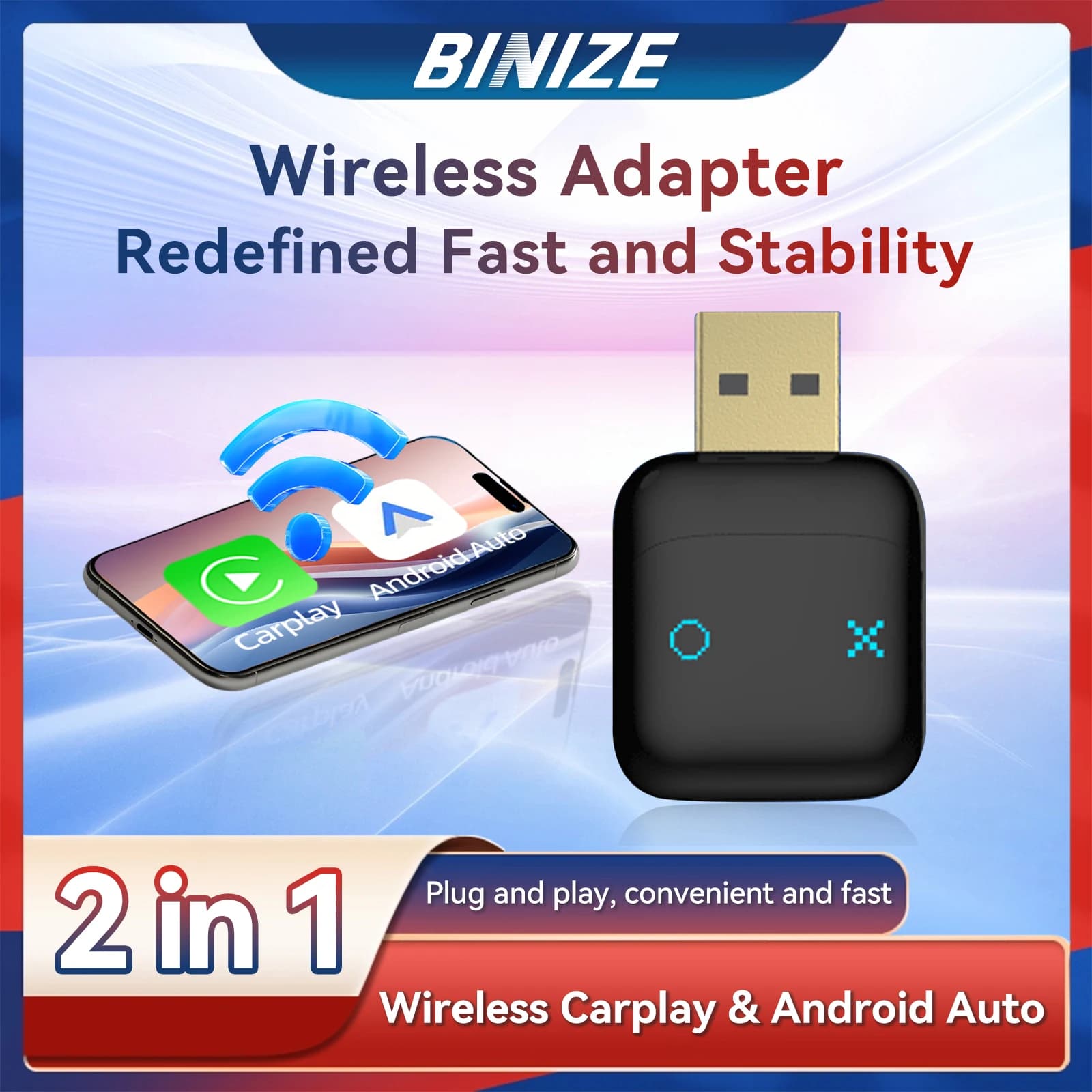 CarPlay Wireless 2in1 Binize Adapter, from Wireless Cable, WiFi Bluetooth Plug and Play for Mazda Haval Kia Volvo