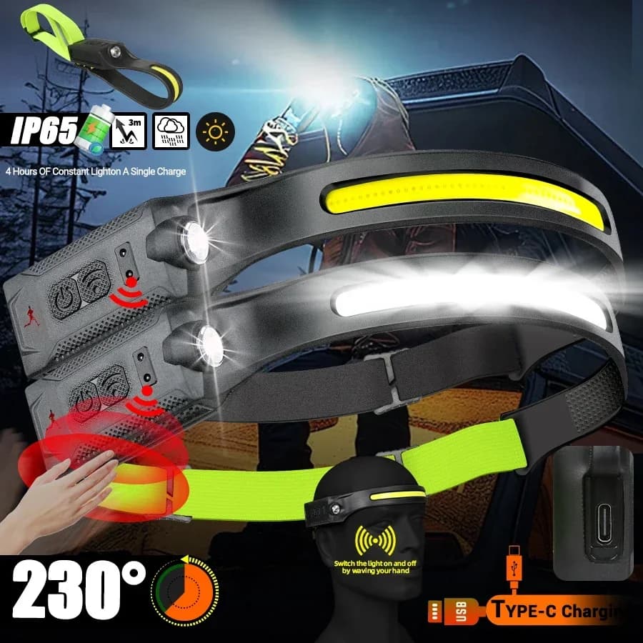 Lampada frontale ad alta potenza Lampada frontale ricaricabile Torcia LED di emergenza Batteria incorporata Torcia frontale Lanterna da pesca da campeggio esterna
