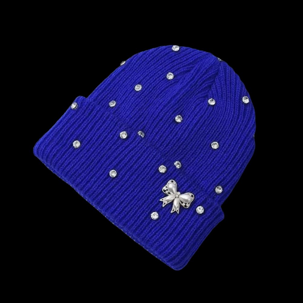 Sweet Elastic Crystal Pearl Bow Beanie Warm Thick Knit Hat Windproof Soft Pullover Hat Daily Wear