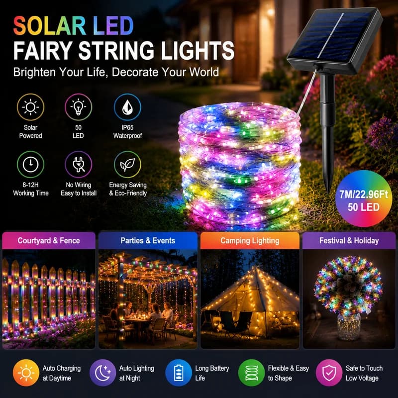 Solar Powered String Lights 50 LED 8 Modes Outdoor Fairy Garland for Backyard Wedding Christmas Garden Decoration