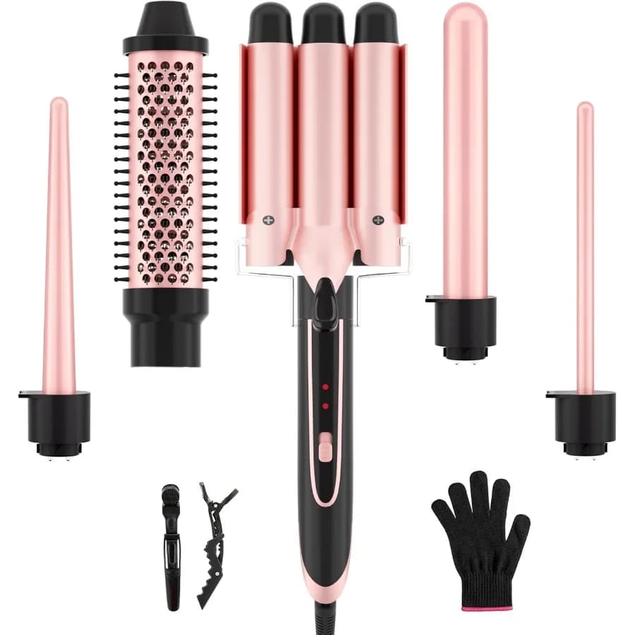 Set of iron curlers 5 in 1 with iron 3 barrel hair curlers and 4 hair bending machines with quick heat wand in double voltage interchangeable ceramic