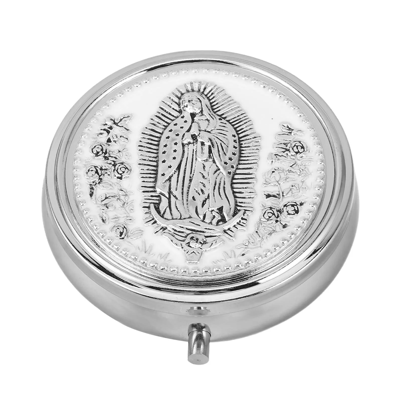 Rose Pattern Catholic Rosary Box Metal Round Beads Organizer Prayer Necklace Christian Keepsake Case Religious Trinket Storage