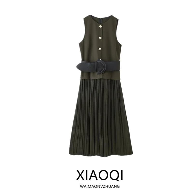 Fall 2025 New Women's Midi Dress Versatile Belted Patchwork City Commute Sleeveless Gown Elegant Fashionable Ladies' Dress