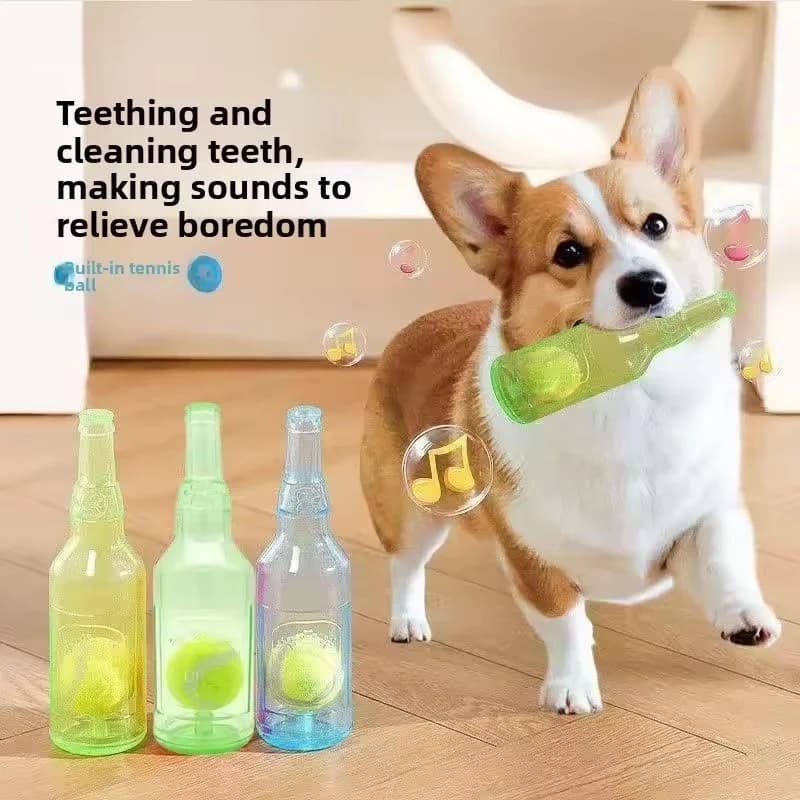 Squeaky Silicone Beer Bottle Dog Chew Toy With Tennis Ball Bite Resistant Puppy Teeth Cleaning Toy Interactive Play Toy For Dogs
