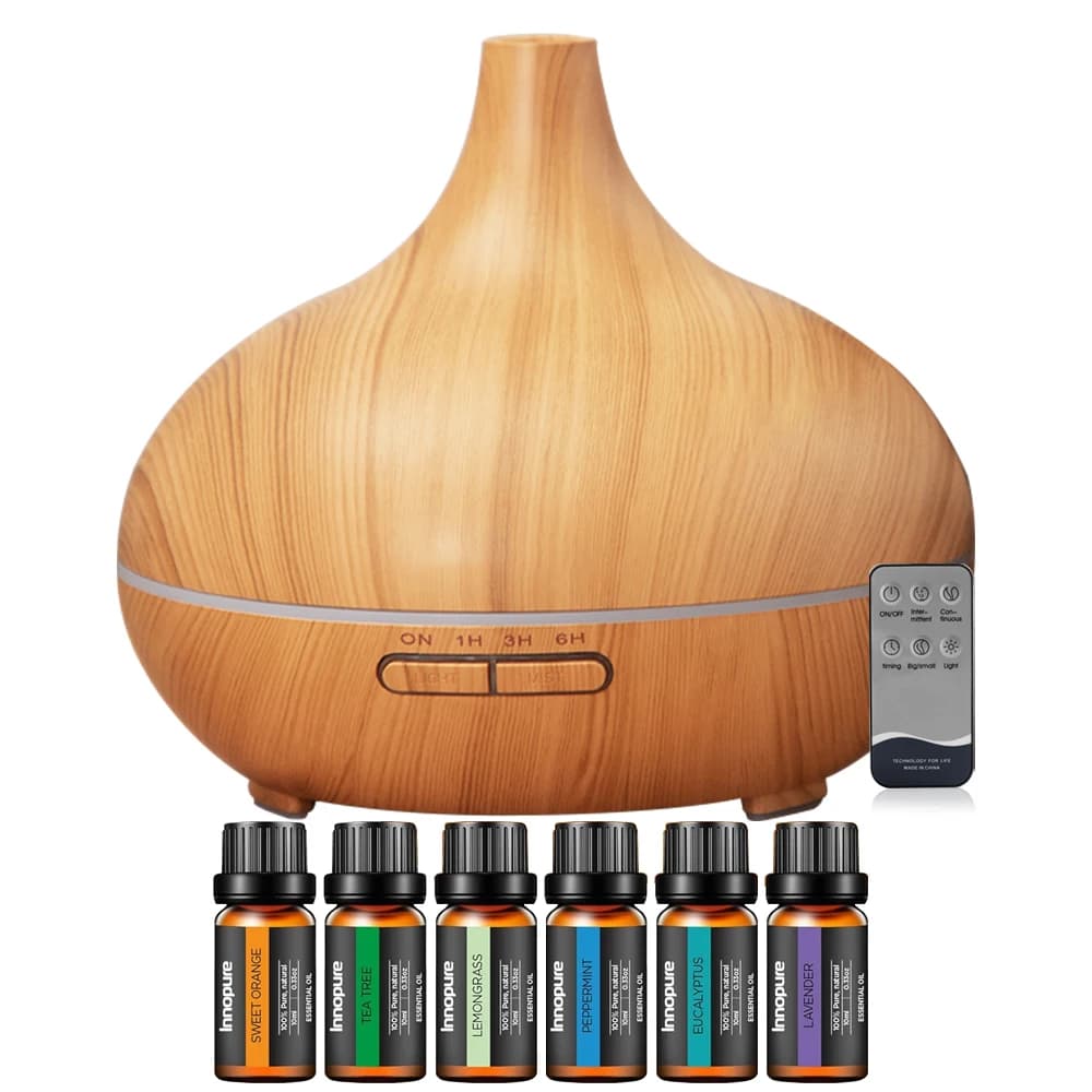 Diffusore ad ultrasuoni per aromaterapia con 6 oli essenziali, umidificatore a nebbia fredda da 550 ml, 4 timer, 7 colori, spegnimento automatico, legno giallo Gr