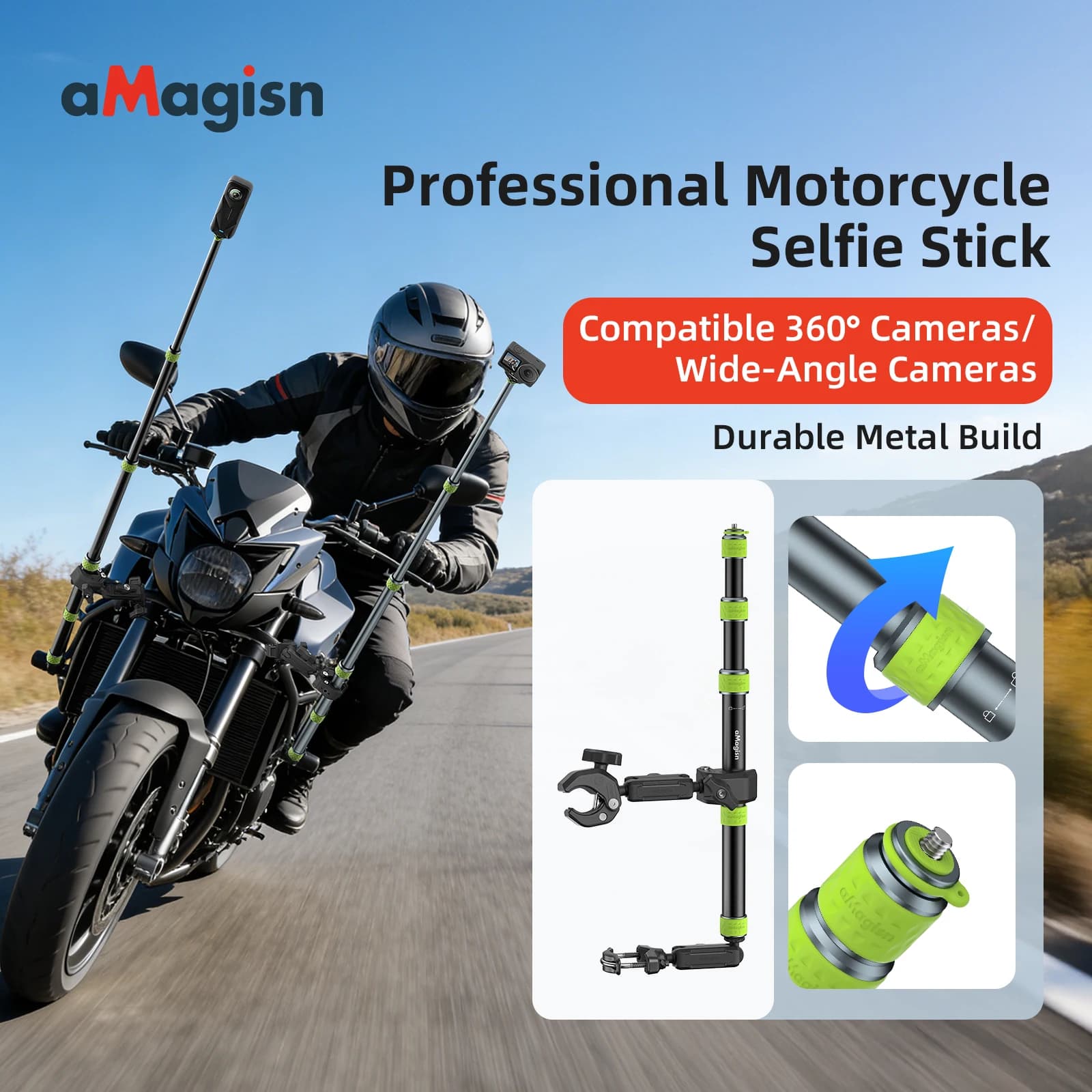 Professional Selfie Auction for Moto aMagisn 34-110cm, Metal Pole with 1/4 Thread, Convertible for GoPro / DJI / Insta36