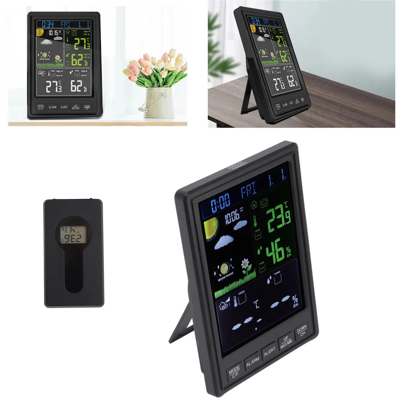 Stazioni meteorologiche Display a colori wireless per interni ed esterni Nero Termometro con orologio retroilluminato regolabile a 3 canali per la casa