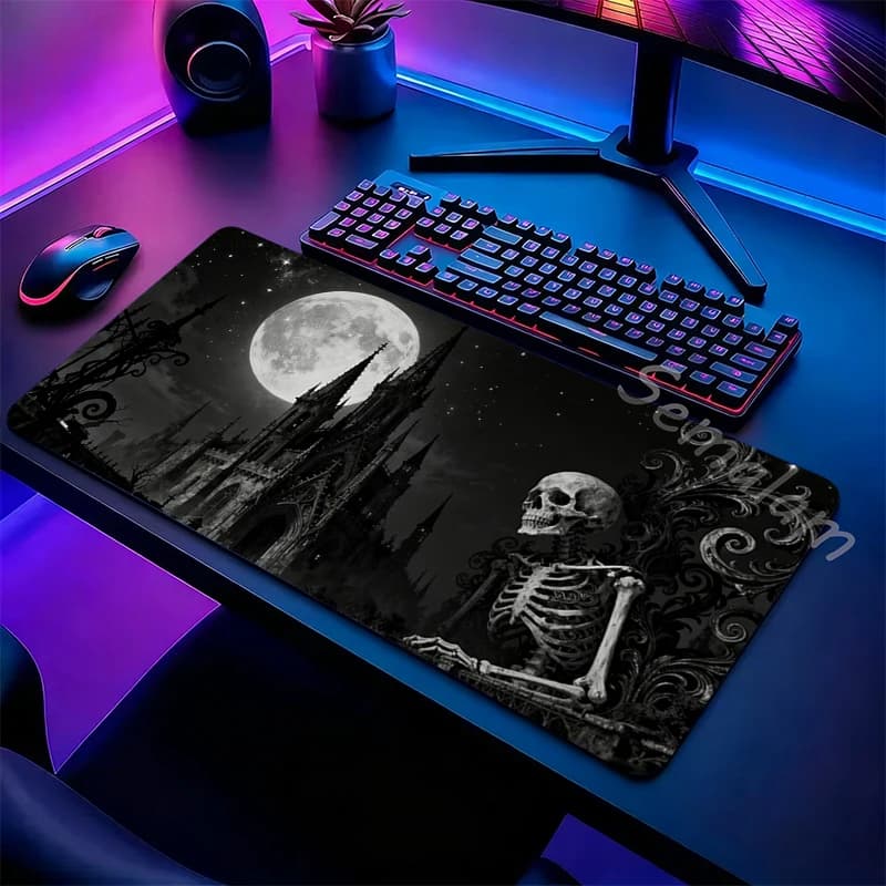 Tappetino per Mouse con Design Gotico a Teschio e Celeste, Base in Gomma con Illustrazione Notte Stellata e Luna Piena, per Ufficio e Gaming