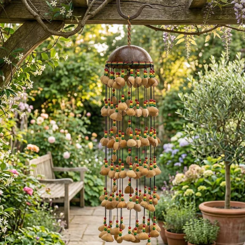 Coconut Shell Wind Chime with Oleander Handmade Art Craft for Outdoor Garden Home Balcony Hanging Decoration Ornament Gift