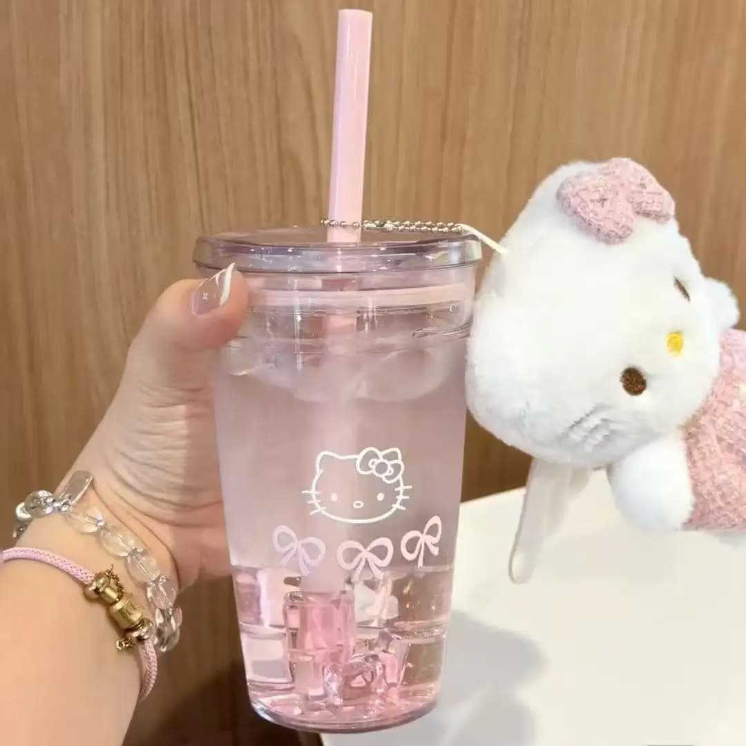Sanrio Hello Kitty Pink Straw Cup Large Capacity Clear Plastic Water Cup Portable Plastic Cup Kawaii Christmas Gifts