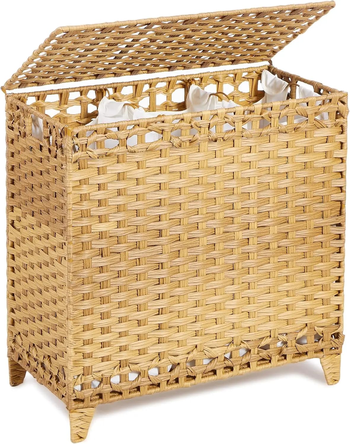 132L Hand Braided Rattan Wallet Basket with Cover, Raised Feet, 3 Removable Inner Bags and Side Handles for Easy Organization