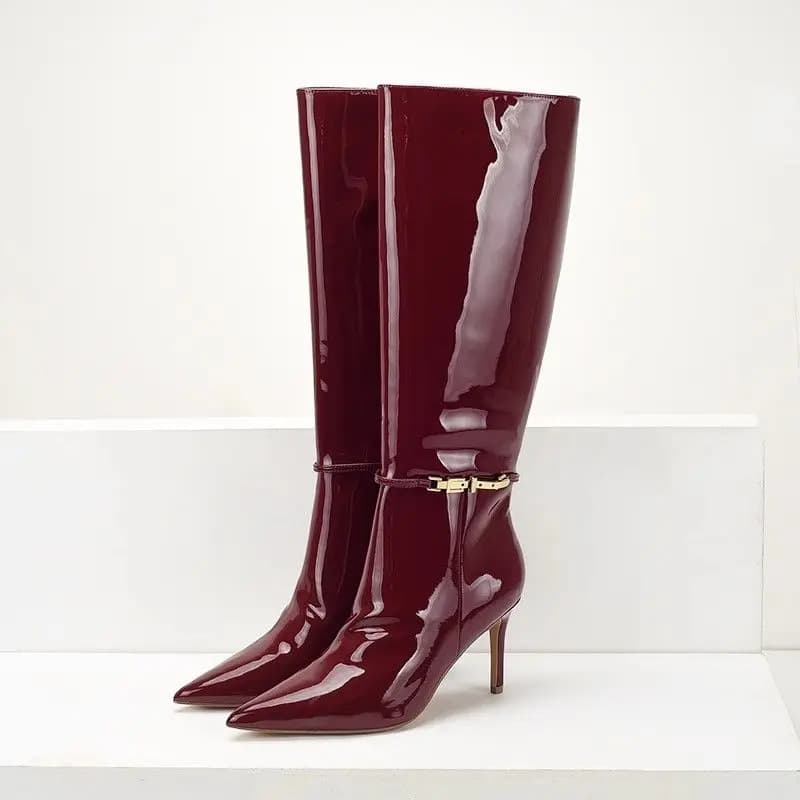 Wine Red Belt Buckle Knee High Boots Burgundy Mirror Leather Stiletto Heels Pointed Toe Tall Boots Zipped Dress Shoes