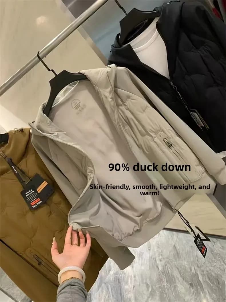 Giacca da uomo in piuma d'anatra 90% con cappuccio, calda per esterni, ultraleggera, a tripla protezione, per autunno inverno, per il pendolarismo, con cuciture senza cuciture