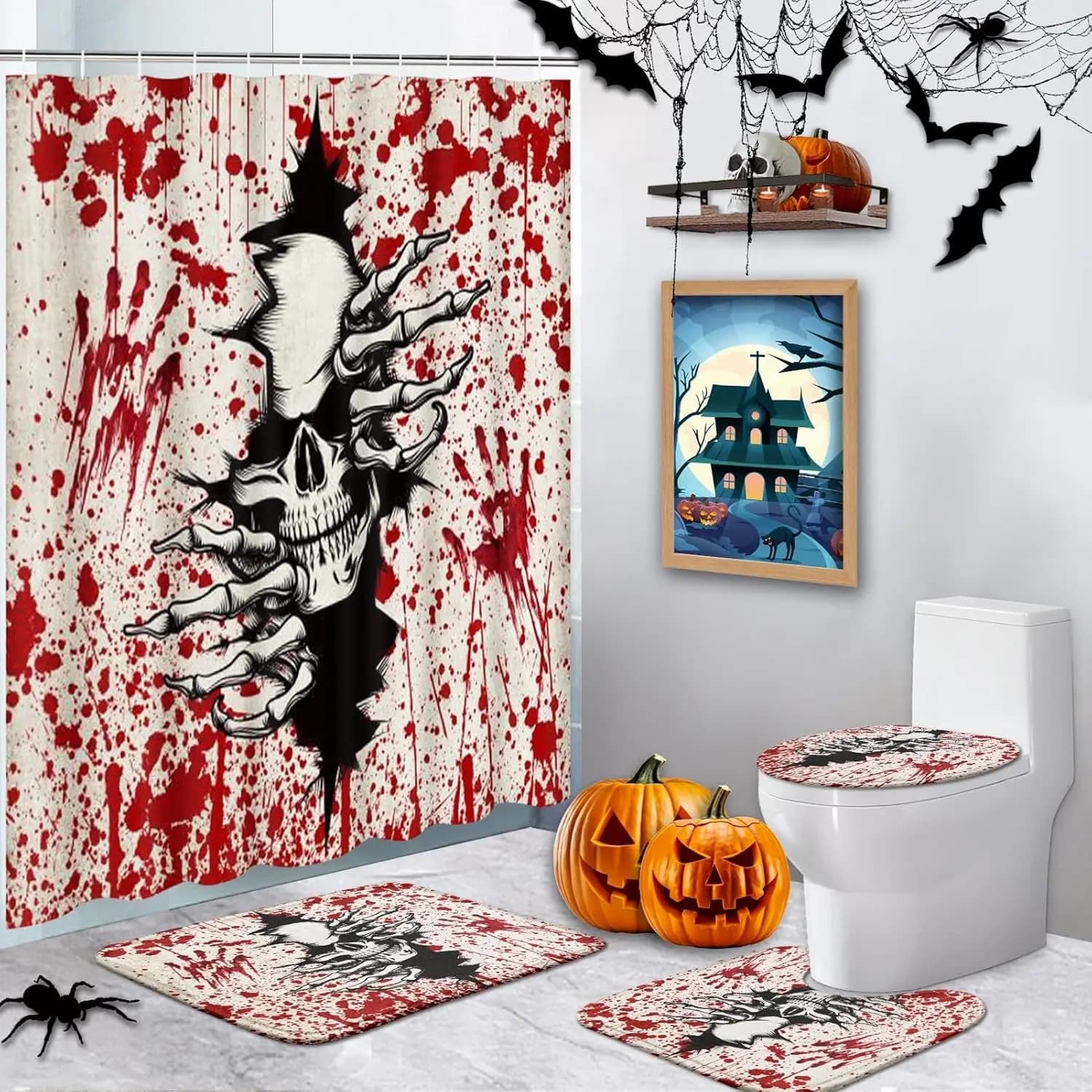 Set di tende da doccia da 4 pezzi, set da bagno impermeabili Halloween Horror con tappeti antiscivolo, copriwater e tappetino da bagno, 12 ganci