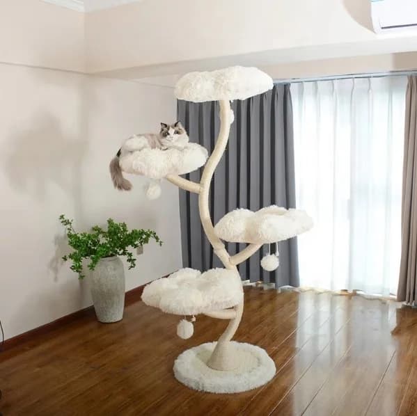 Albero per Gatti Moderno Multistrato con Cuccia Integrata, Grande Gioco per Arrampicarsi e Tirare, Imballaggio in Cartone