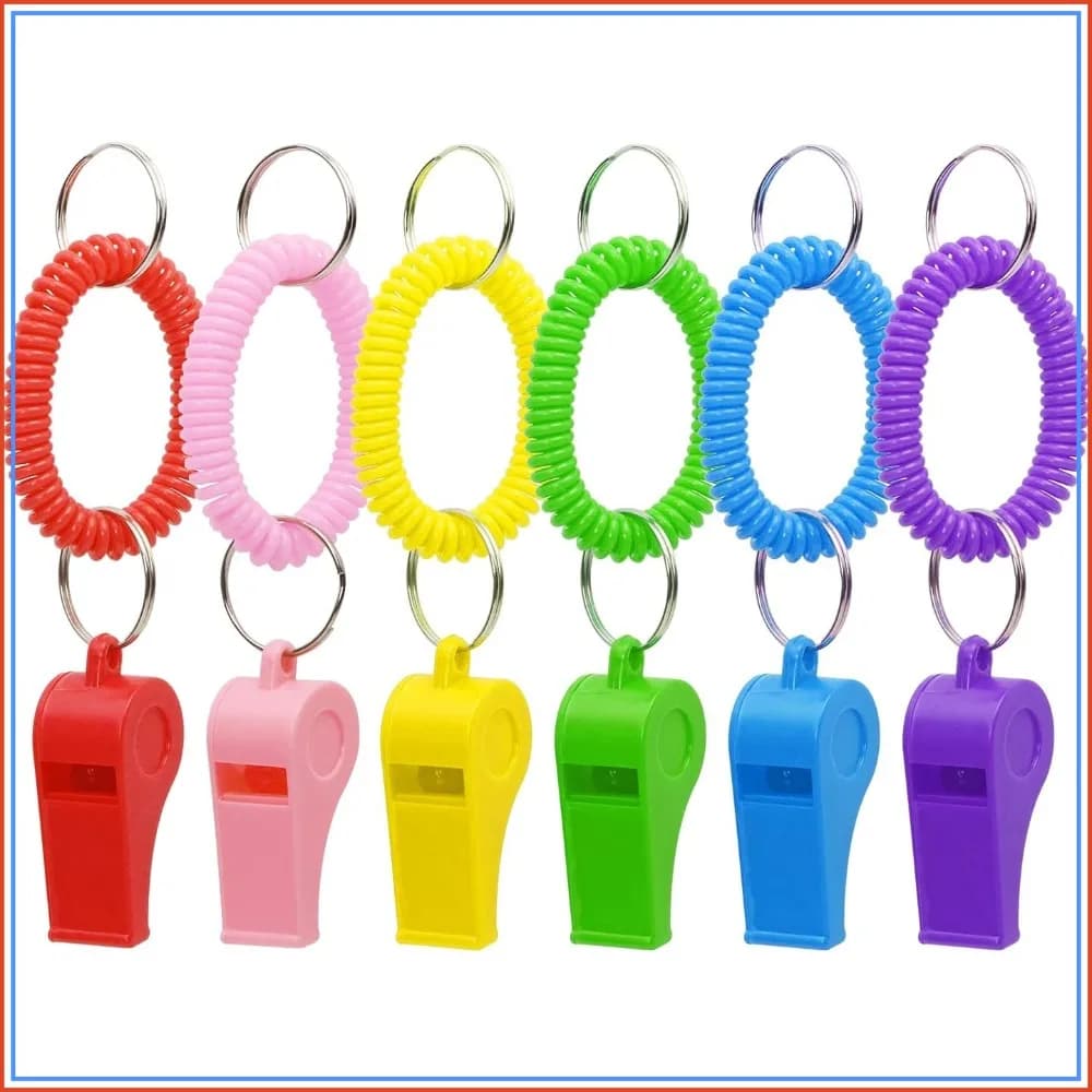 Sport Whistle with Bracelet 6pcs Loud Clear Plastic Whistles with Stretchable Coil Wrist Keychain Ring for Coaches Referees Soccer Christmas Party Gift Survival Emergency Training