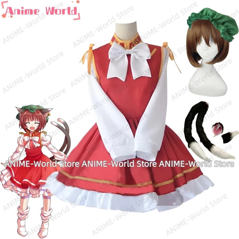 ▶Customized Format PressureDisfraz Cosplay Anime Touhou Chen With Hat Women's Party Dress Top Drops Tail Earrings Halloween Uniform Punches