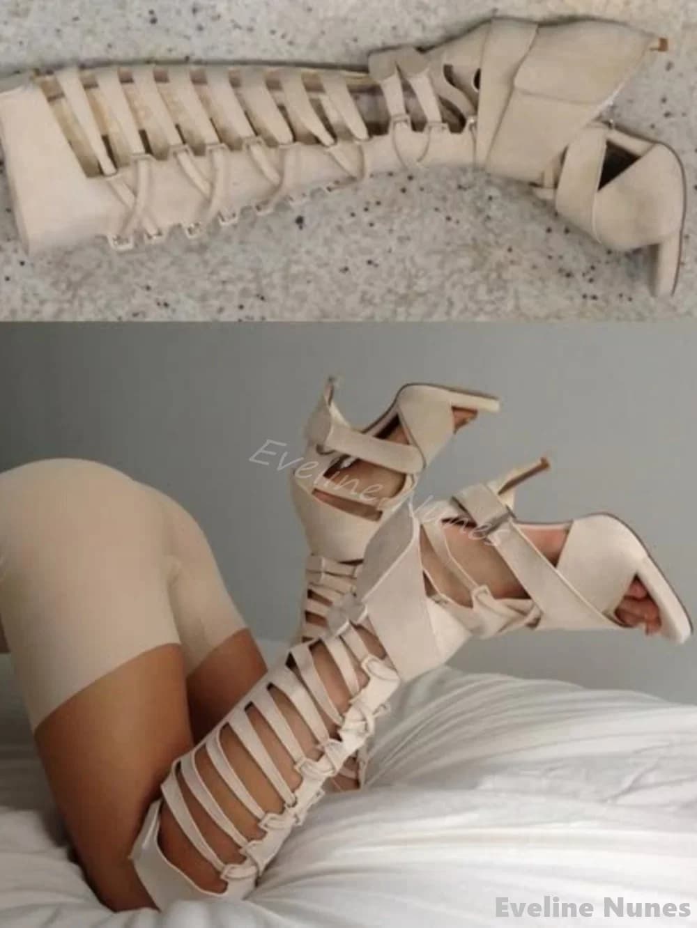 Sandali alti al ginocchio in flanella cava Donna Punta aperta Cinghie incrociate intricate Stivali a spillo 2025 Stivali sandali fatti a mano stile designer