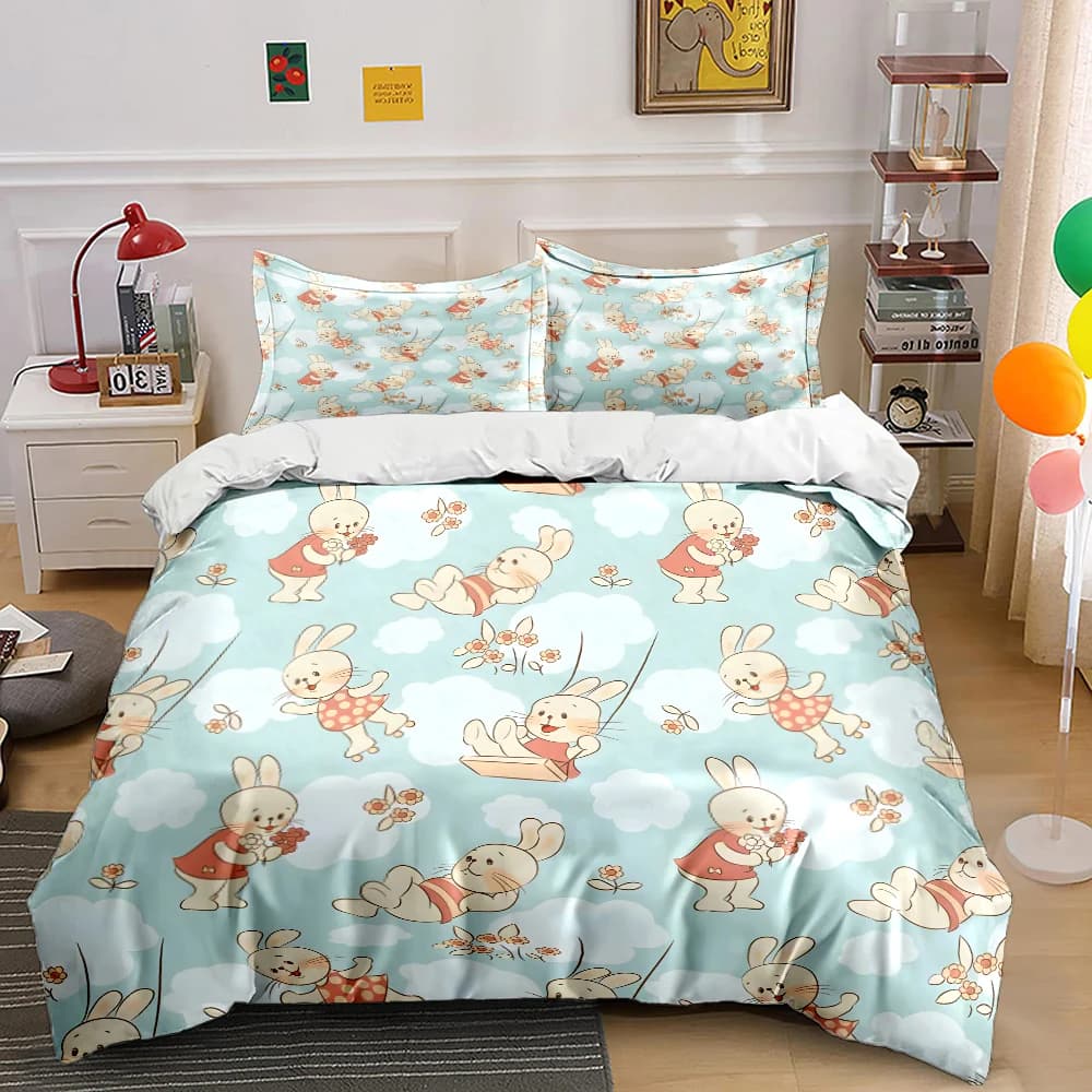 Set di biancheria da letto con stampa di coniglietti da giardino in stile cartone animato, 1 copripiumino e 2 federe per adulti e bambini, regalo di lusso, misura completa.