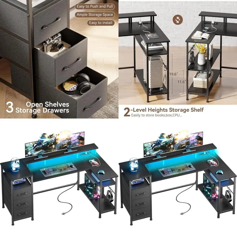 55 black corner play desk with LED lights, power sockets, document drawer and monitor support for home office