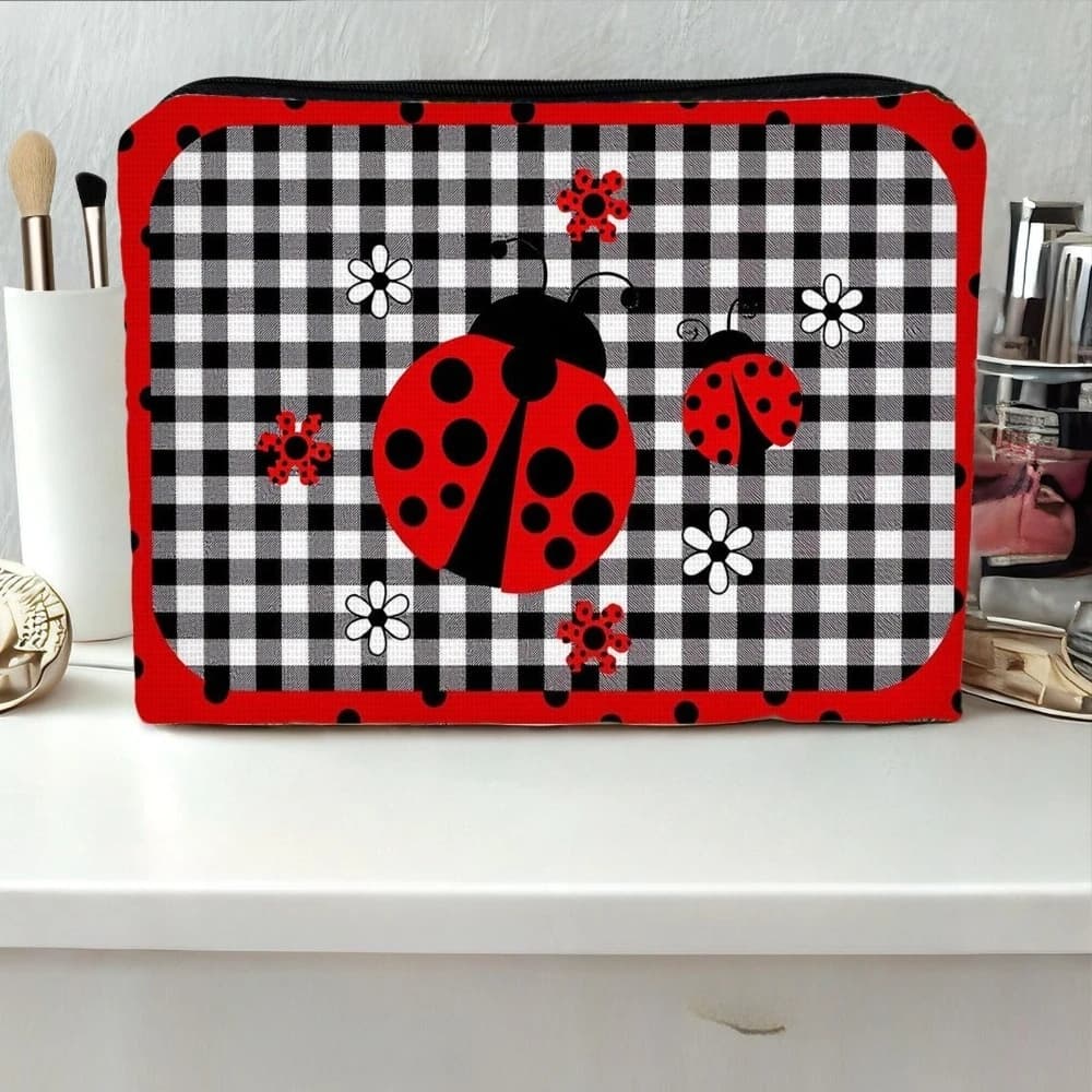 Makeup Bag with Ladybug and Floral Print Black and White Checkered Design with Red Trim Suitable for Travel Cosmetic Pouch