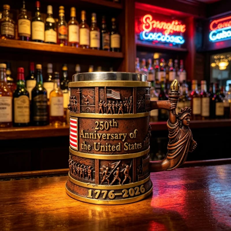 Boccale da Birra Vintage USA 250° Anniversario 1776-2026 con Bandiera Americana in Rilievo, Articolo da Bar per Feste